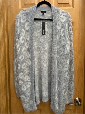 Apt. 9 Light Gray Leopard Soft Fuzzy Open-Front Long Knit Cardigan, Women’s XL
